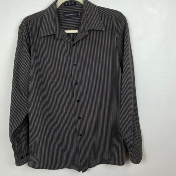 Wayne Gretzky Mens Striped‎ Long Sleeve Dress Shirt Black Cotton Collared Top M - Picture 1 of 5